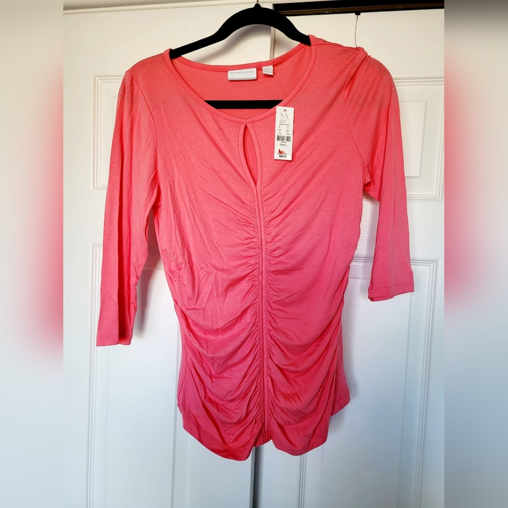 NWT New York & Company Women's Ruched Blouse, Coral/Pink, Small.